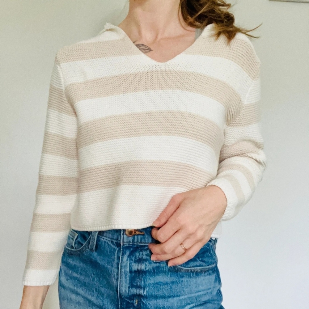 Sincerely Jules Cream Tan Sweater Cropped Sailor Collar V Neck Long Sleeve  XS